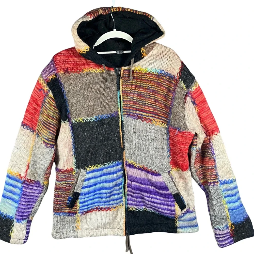 Nepal Wool Patchwork Zip Hoodie Unisex M Multicolor Fleece Lined Boho Jacket